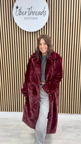 The Safron Longline Faux Fur Coat - Mulberry (fitting to size 14)