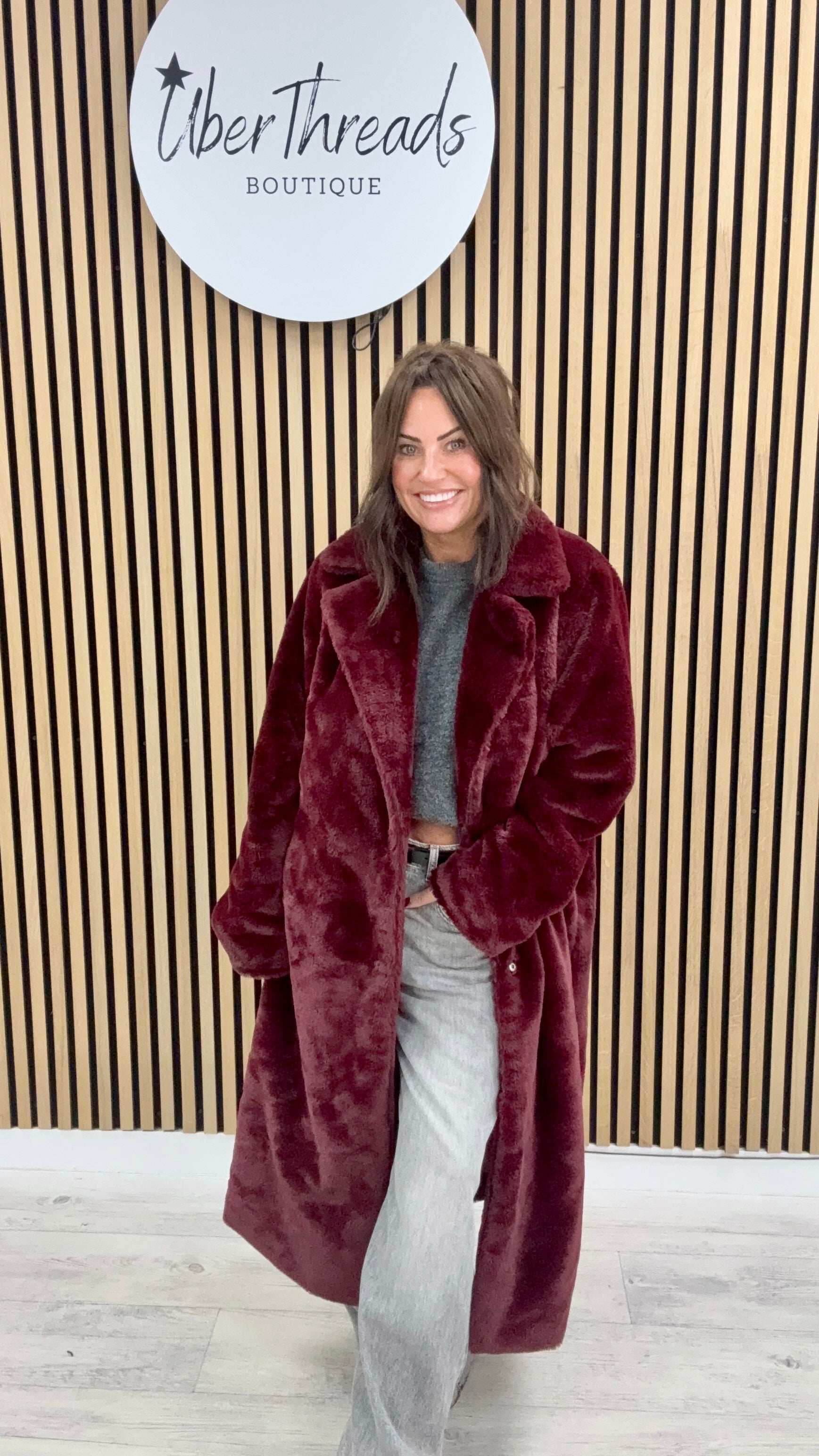 The Safron Longline Faux Fur Coat - Mulberry (fitting to size 14)