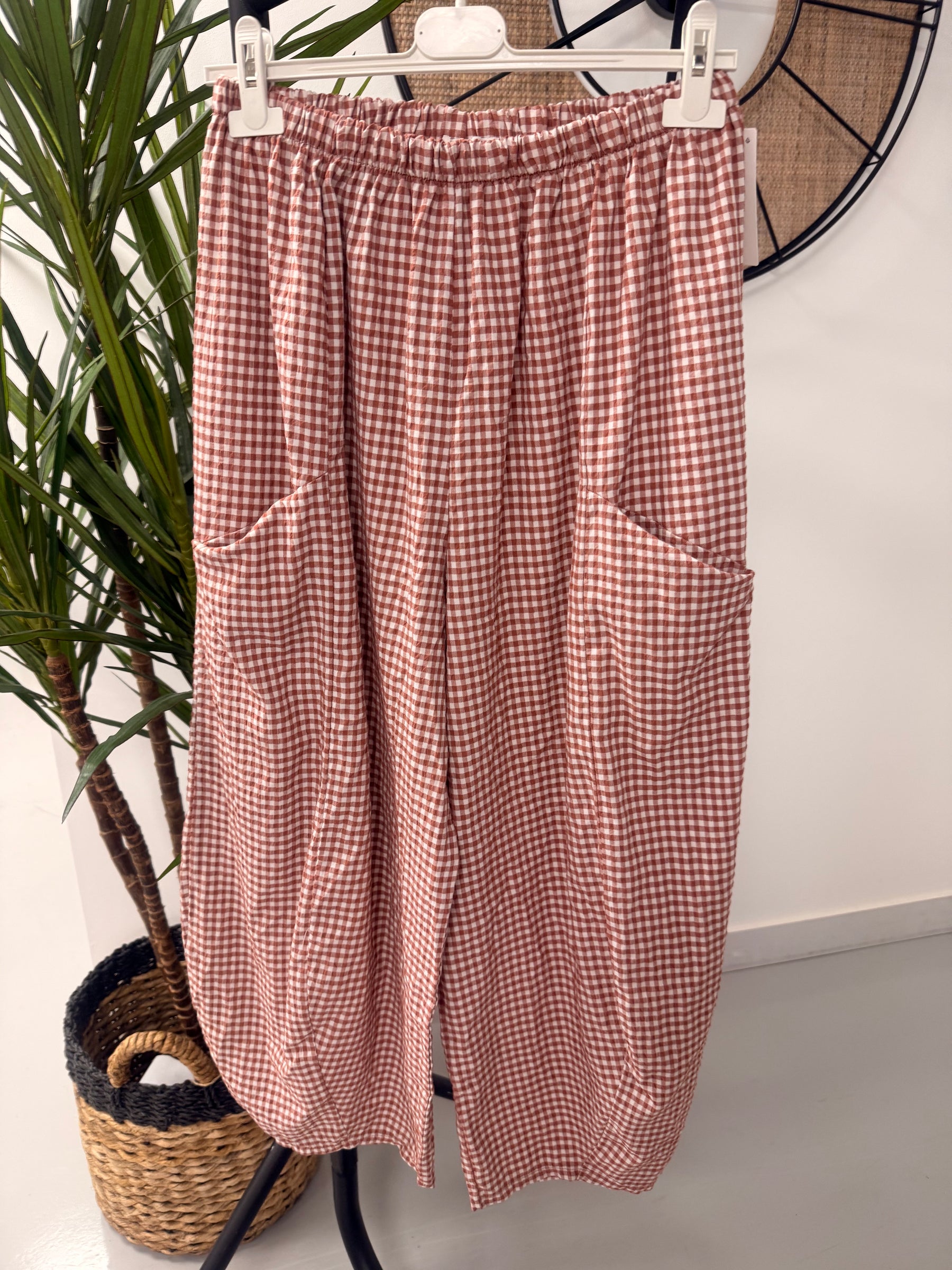 The Vichy Gingham Barrel Trouser -  Antique Rose