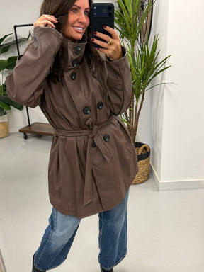 Faux & Fierce PU Trench Jacket - Chocolate (Size 12-16)