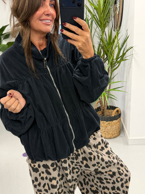 The Needlecord Ruffle Bomber - Black (Size 10 - 16)