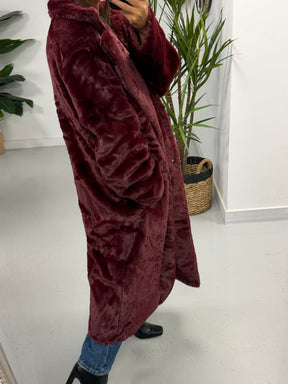 The Safron Longline Faux Fur Coat - Wine (Size 10-14)