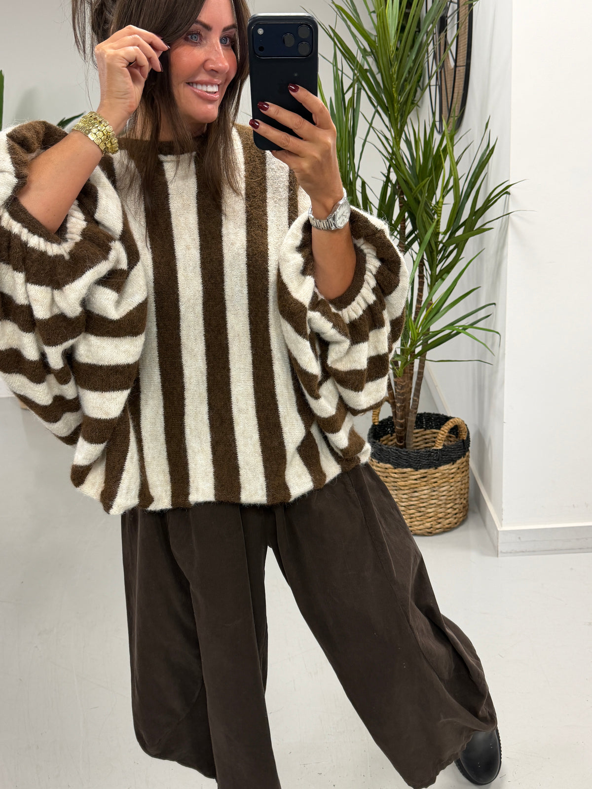Zeta Otto Stripe Chunky Sleeve Knit - Chocolate (Size 10-18)