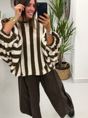 Zeta Otto Stripe Chunky Sleeve Knit - Chocolate (Size 10-18)