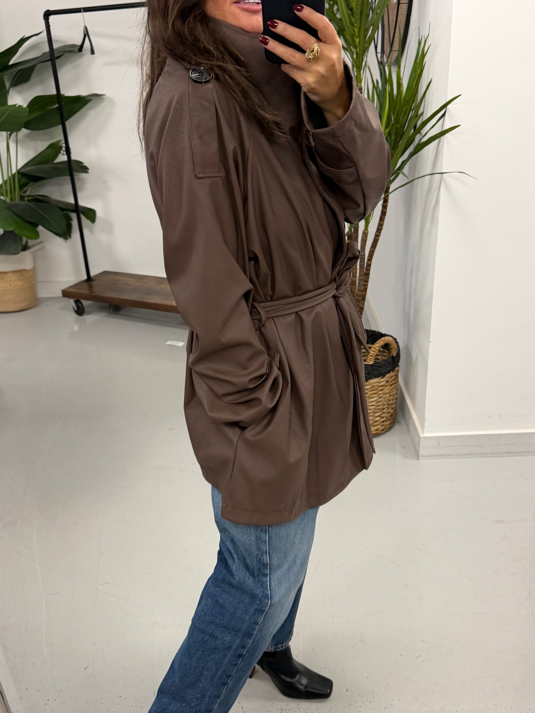 Faux & Fierce PU Trench Jacket - Chocolate (Size 12-16)