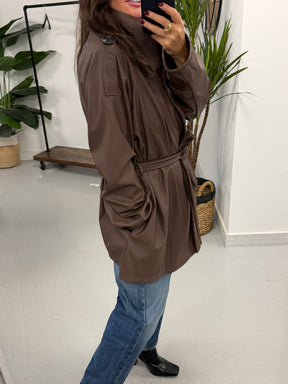 Faux & Fierce PU Trench Jacket - Chocolate (Size 12-16)