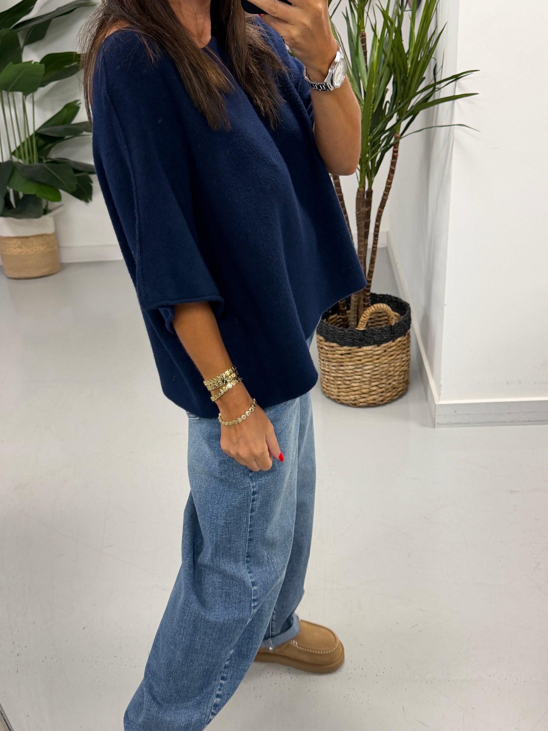 Gracie Crop Sleeve Knit - Navy Blue