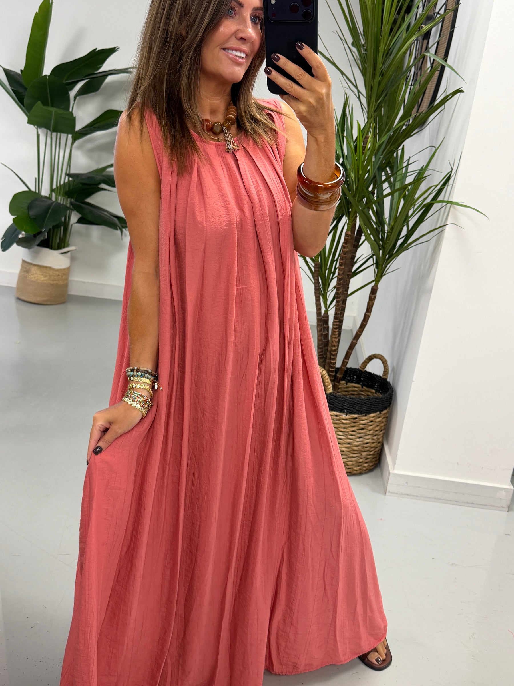 Crinkle Maxi Dress - Coral