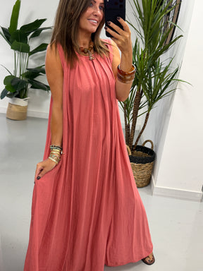 Crinkle Maxi Dress - Coral