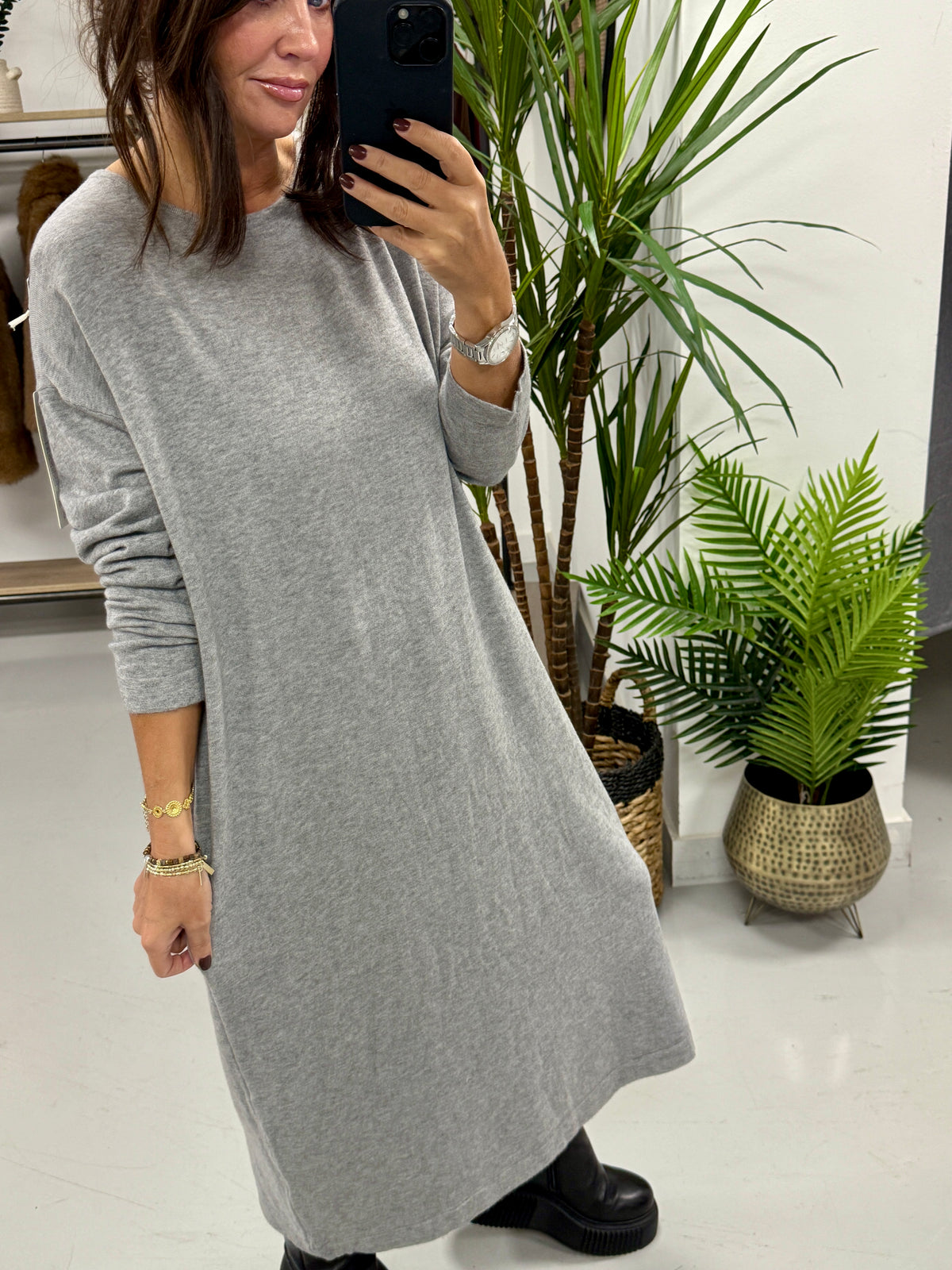 Knitted Button Back Dress - Grey