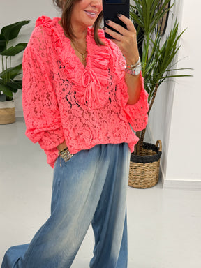 The Lace Ruffle Tie Blouse - Coral