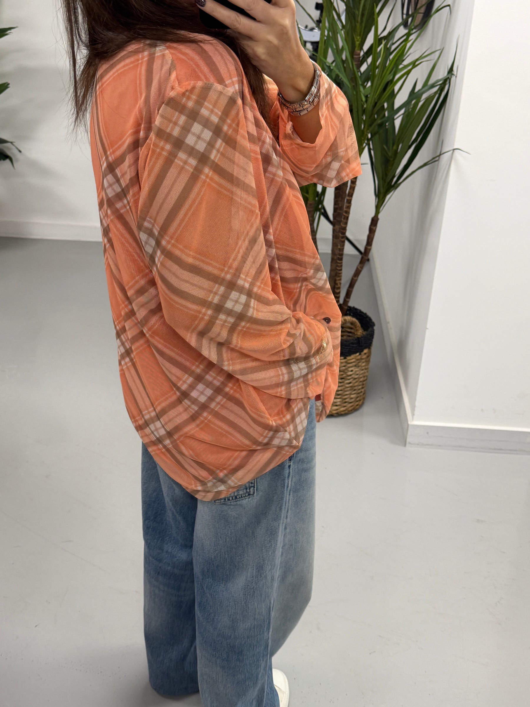 Layered Tartan Mesh Top - Tangerine