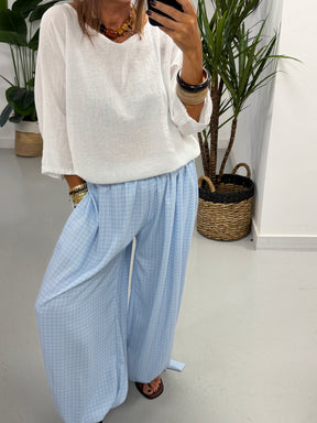 Checked Tie Cuff Trousers -Blue