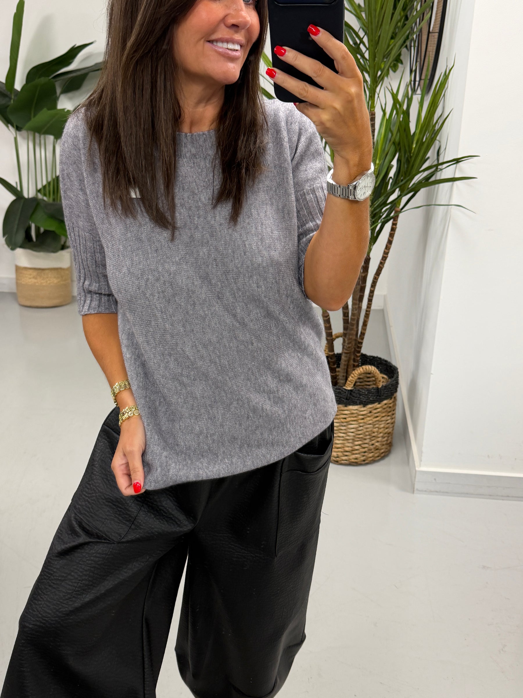 Crop Sleeve Boat Neck Knit - Grey