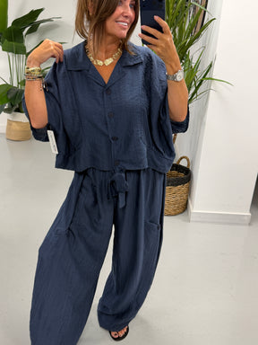 The Crinkle Button Tie Shirt - Navy