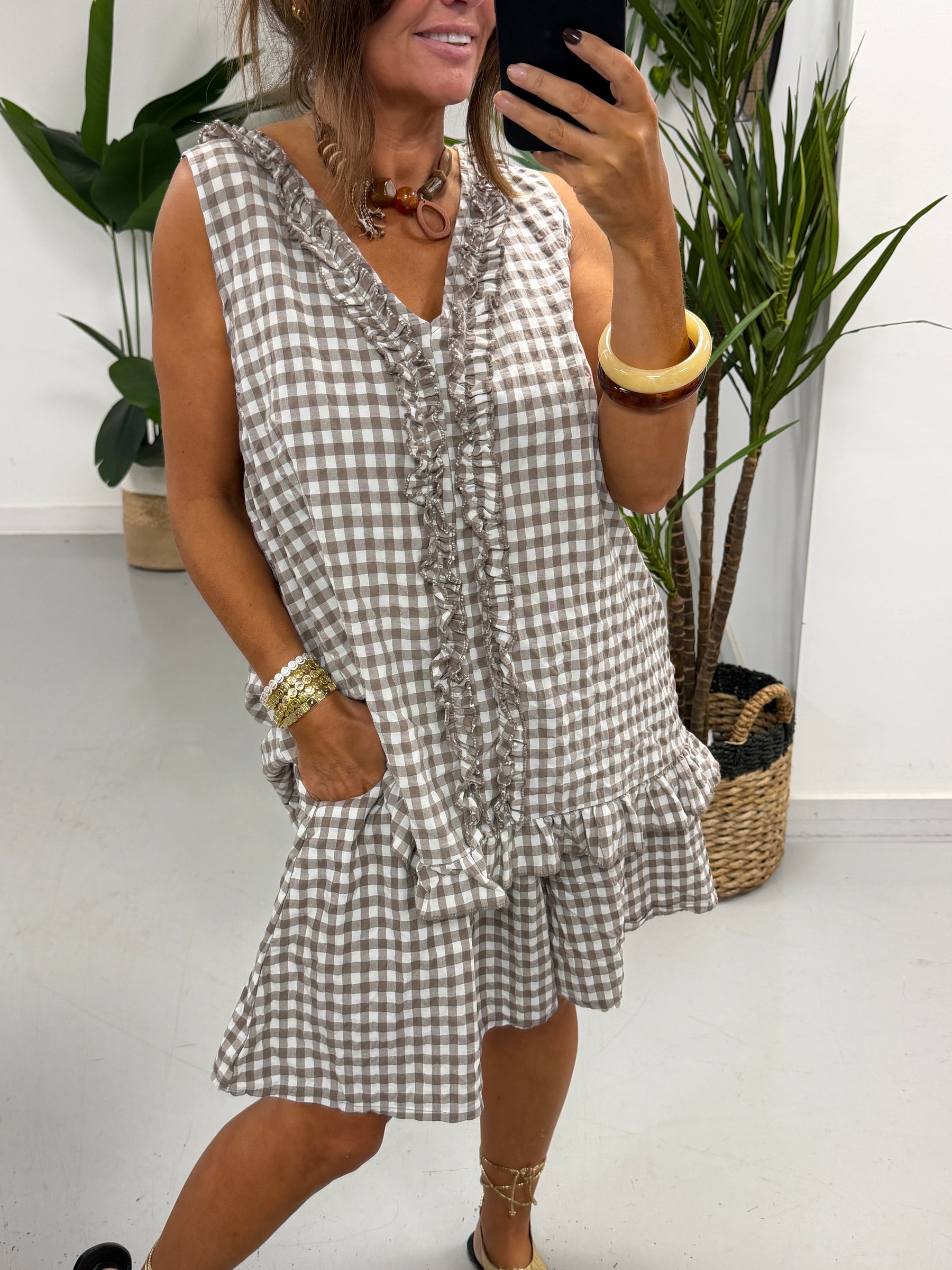 Gingham Elasticated Waist Shorts - Light Mocha