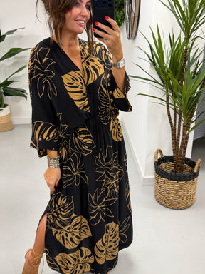 Leaf Cross Over Dress - Black/Gold