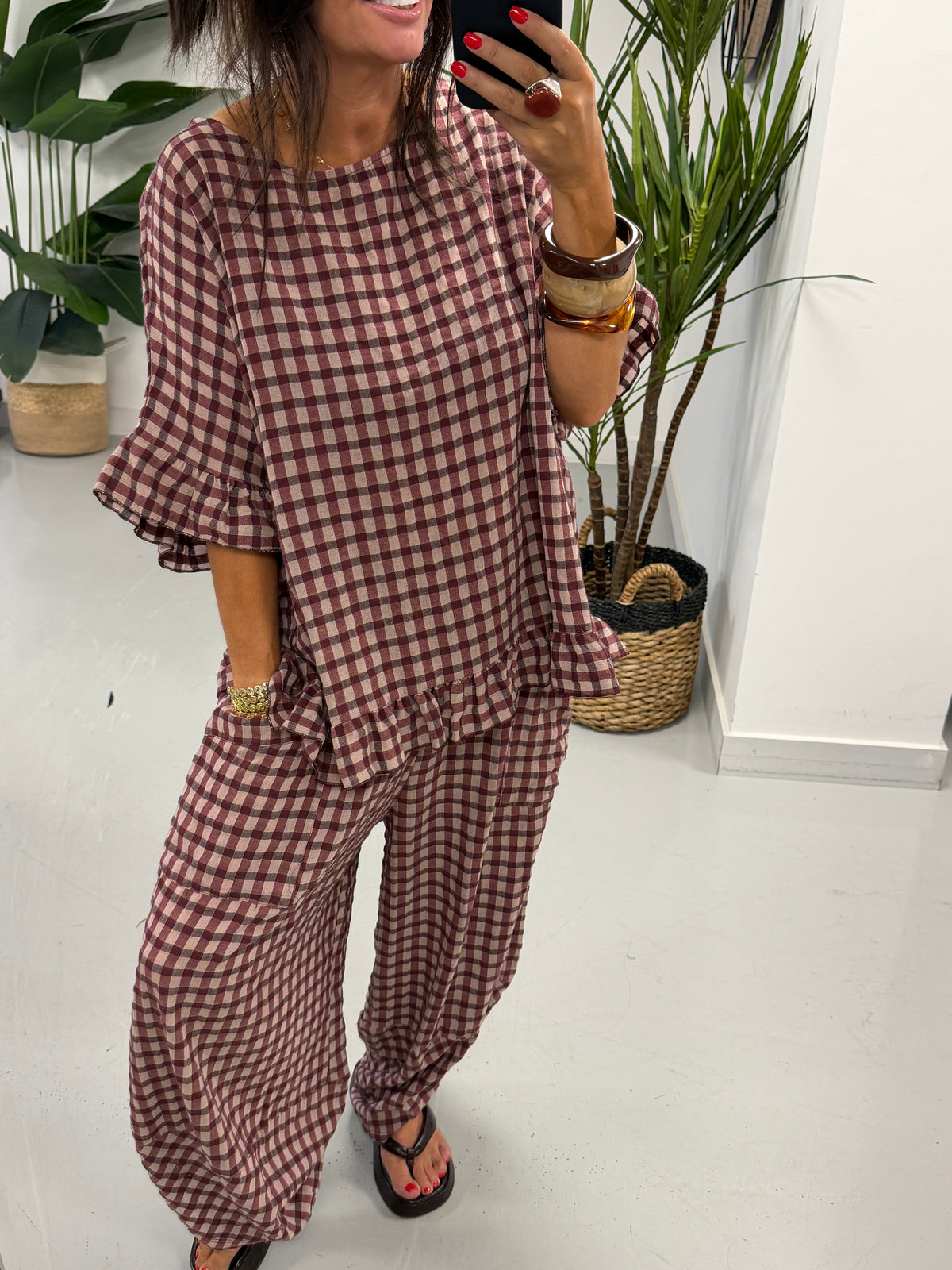 The Autumn Check Ruffle Tunic - Wine