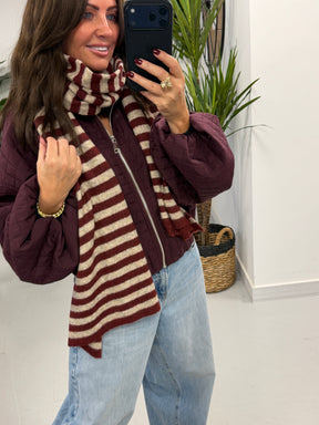 Wool Mix Stripe Scarf - Wine Cream