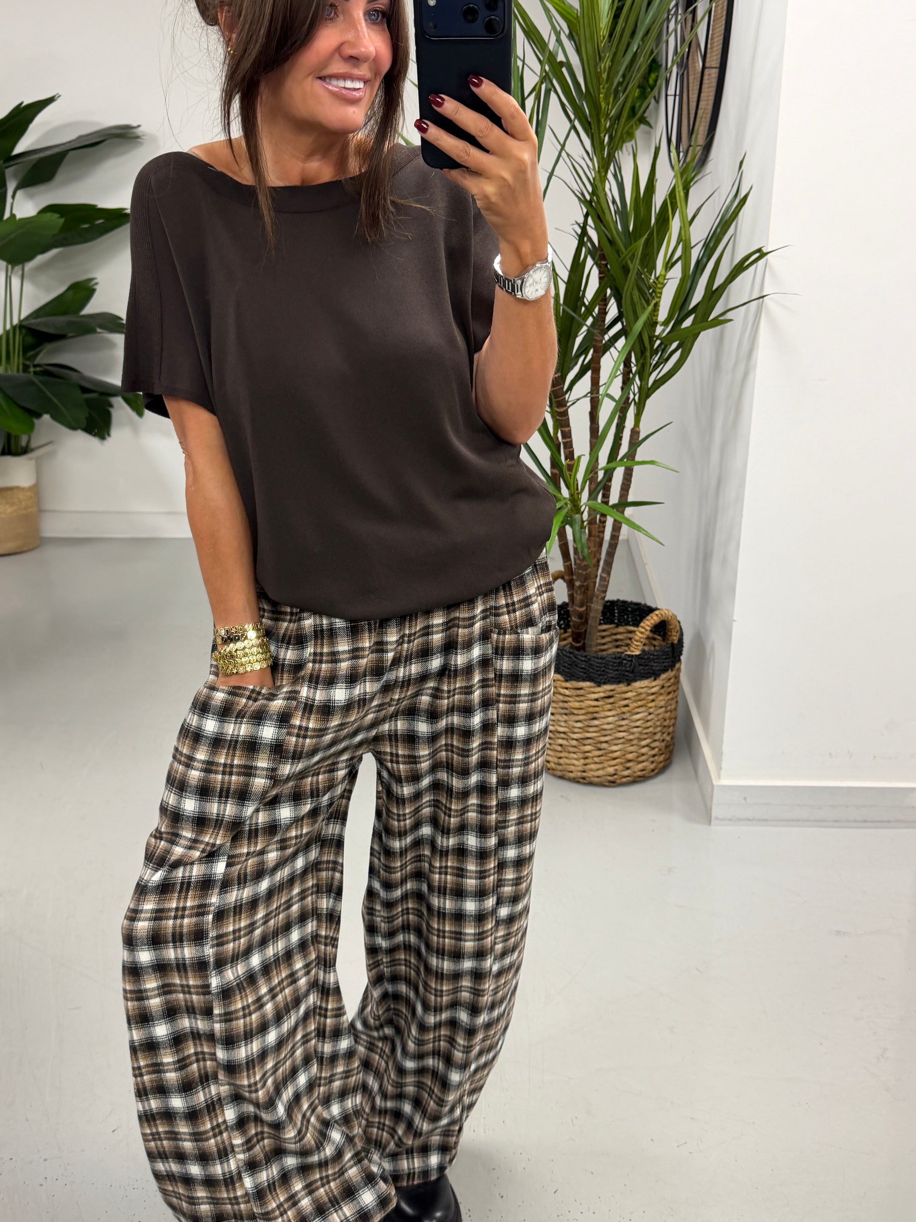 The Bailey Plush Cotton Plaid Barrel Trousers- Chocolate  (Size 10-16)