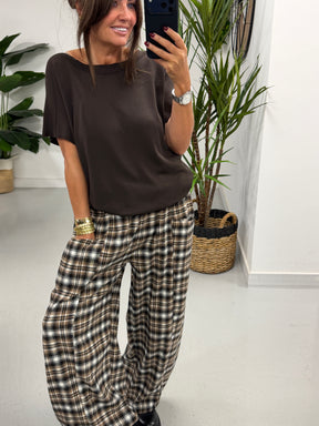 The Bailey Plush Cotton Plaid Barrel Trousers- Chocolate  (Size 10-16)
