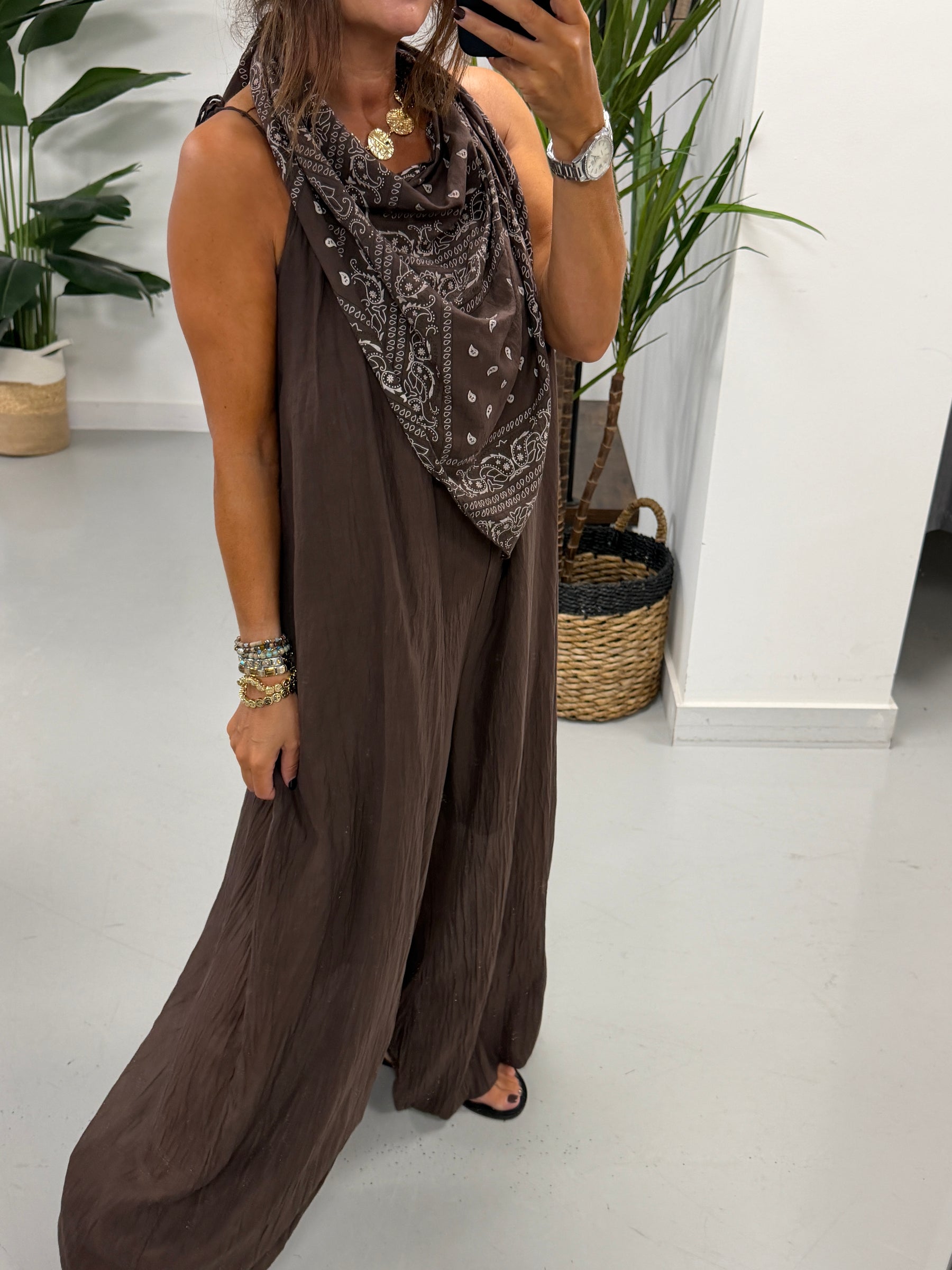 Bandana Scarf Jumpsuit - Chocolate (Due in in next few days)