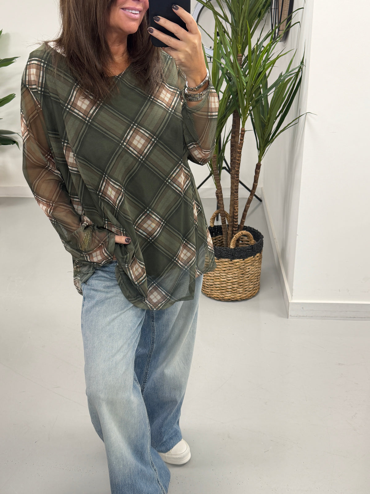 Layered Tartan Mesh Top - Khaki