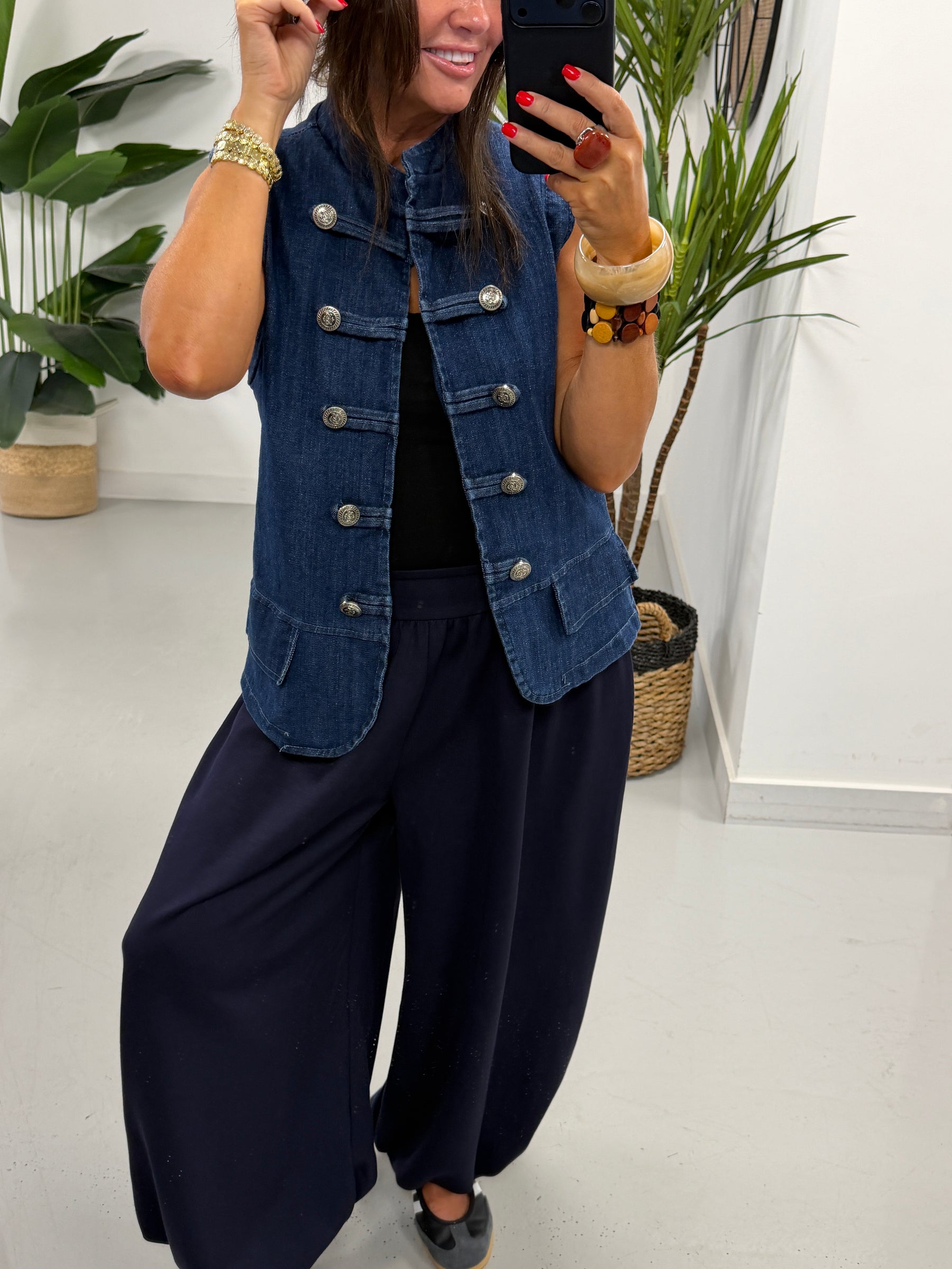 Gaberdine Denim Military Waistcoat - Denim Blue