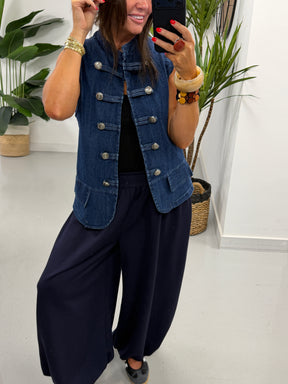 Gaberdine Denim Military Waistcoat - Denim Blue