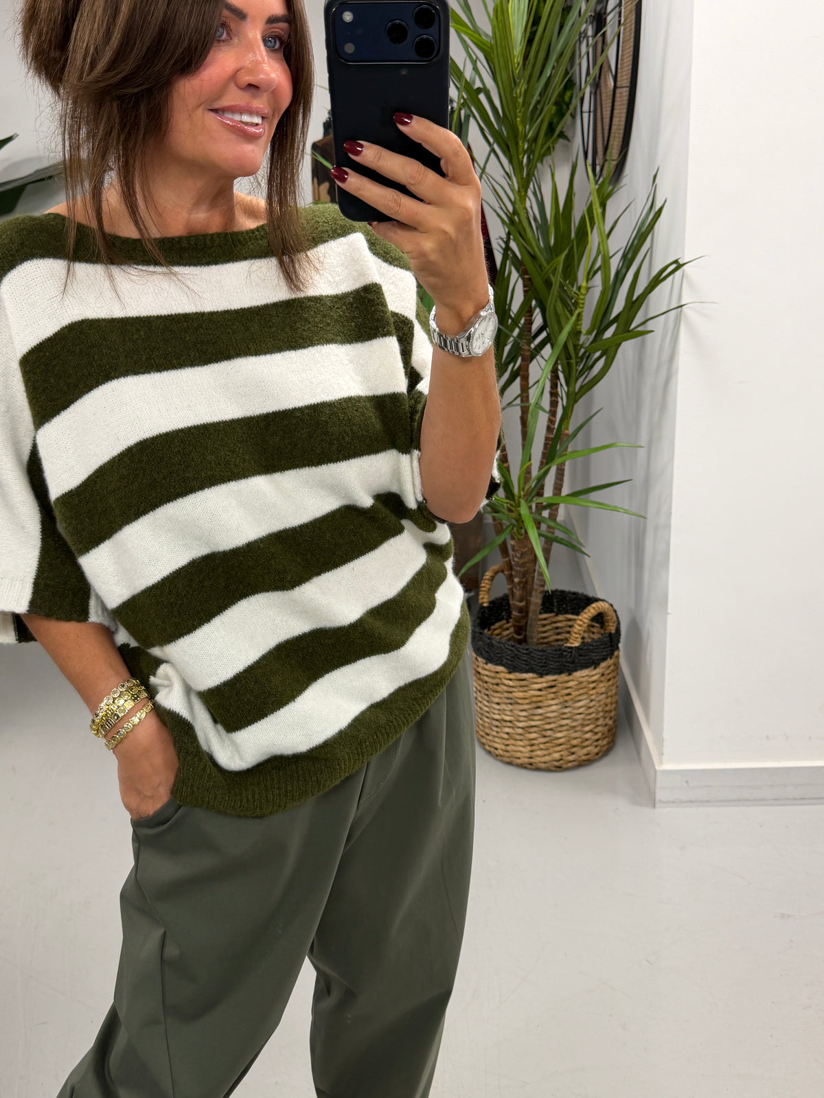 The Boat Neck Stripy Knit - Khaki/White (Size 8-16)