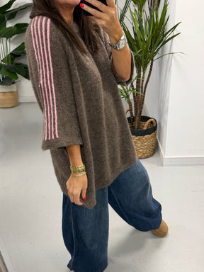 Stripe Long Line Knit  - Mocha/Pink