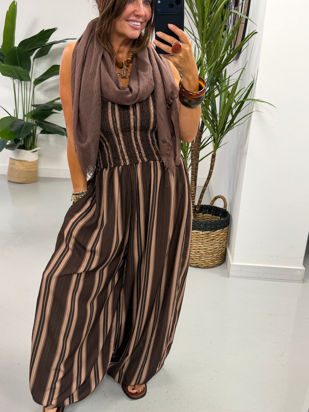 The Sienna Sunset Stripe Jumpsuit - Chocolate