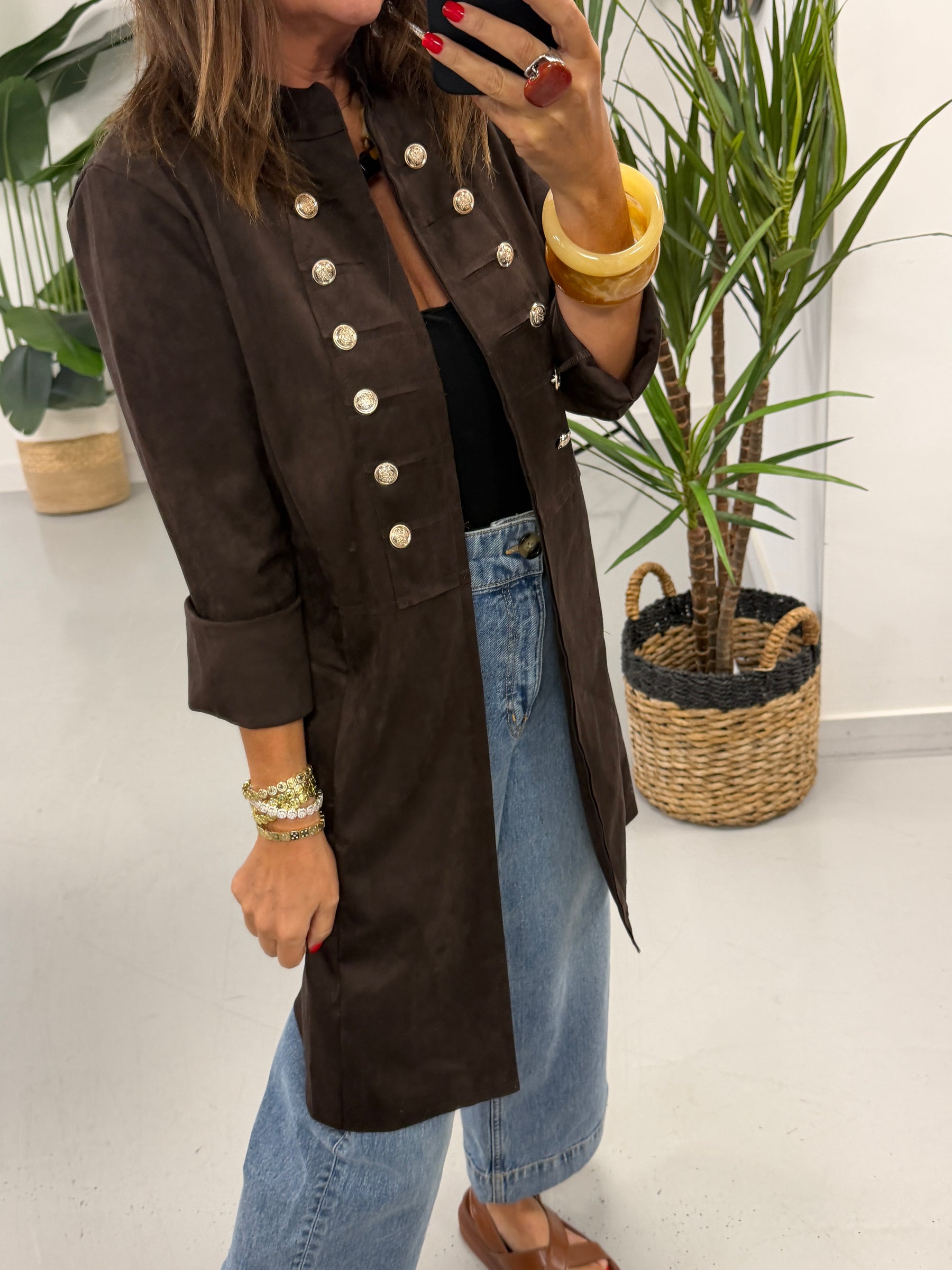 The Bronte Suedette Military Longline Jacket - Chocolate