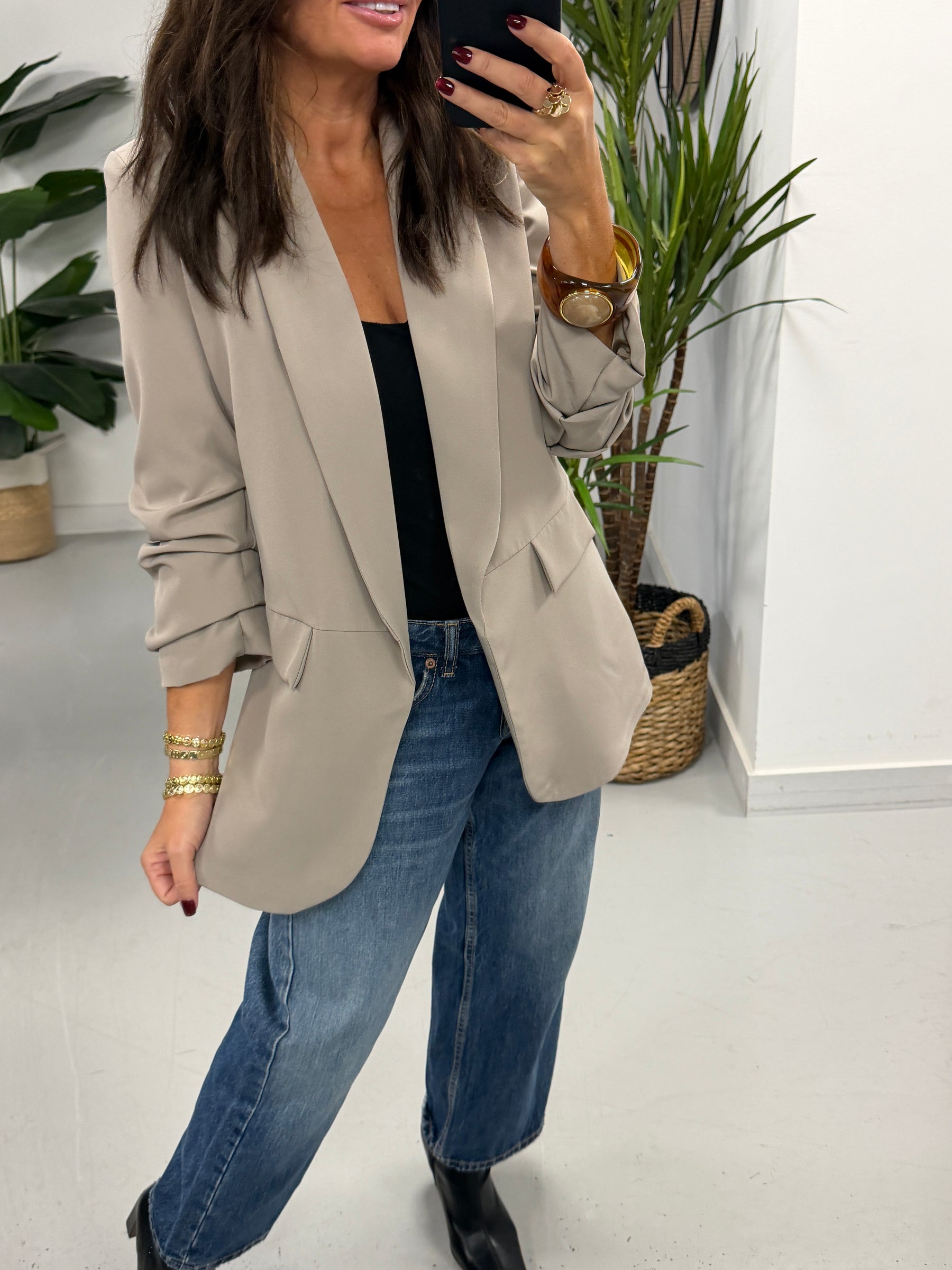 Ruched Sleeve Blazer - Taupe (Std sizes)