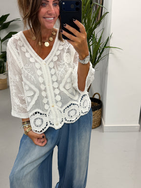 Sorrento Crochet Button Front  Cardigan - White