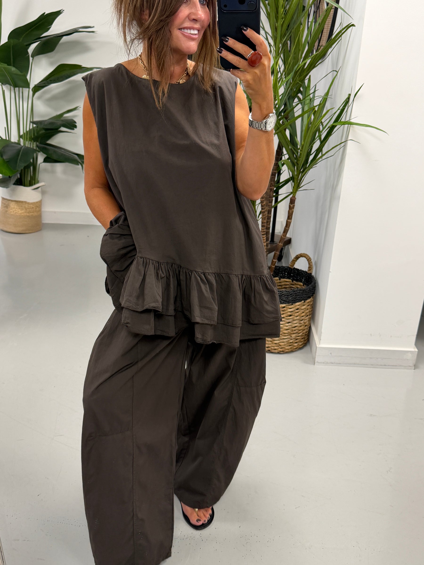 The LuLu Asymmetric Frill Tunic - Chocolate