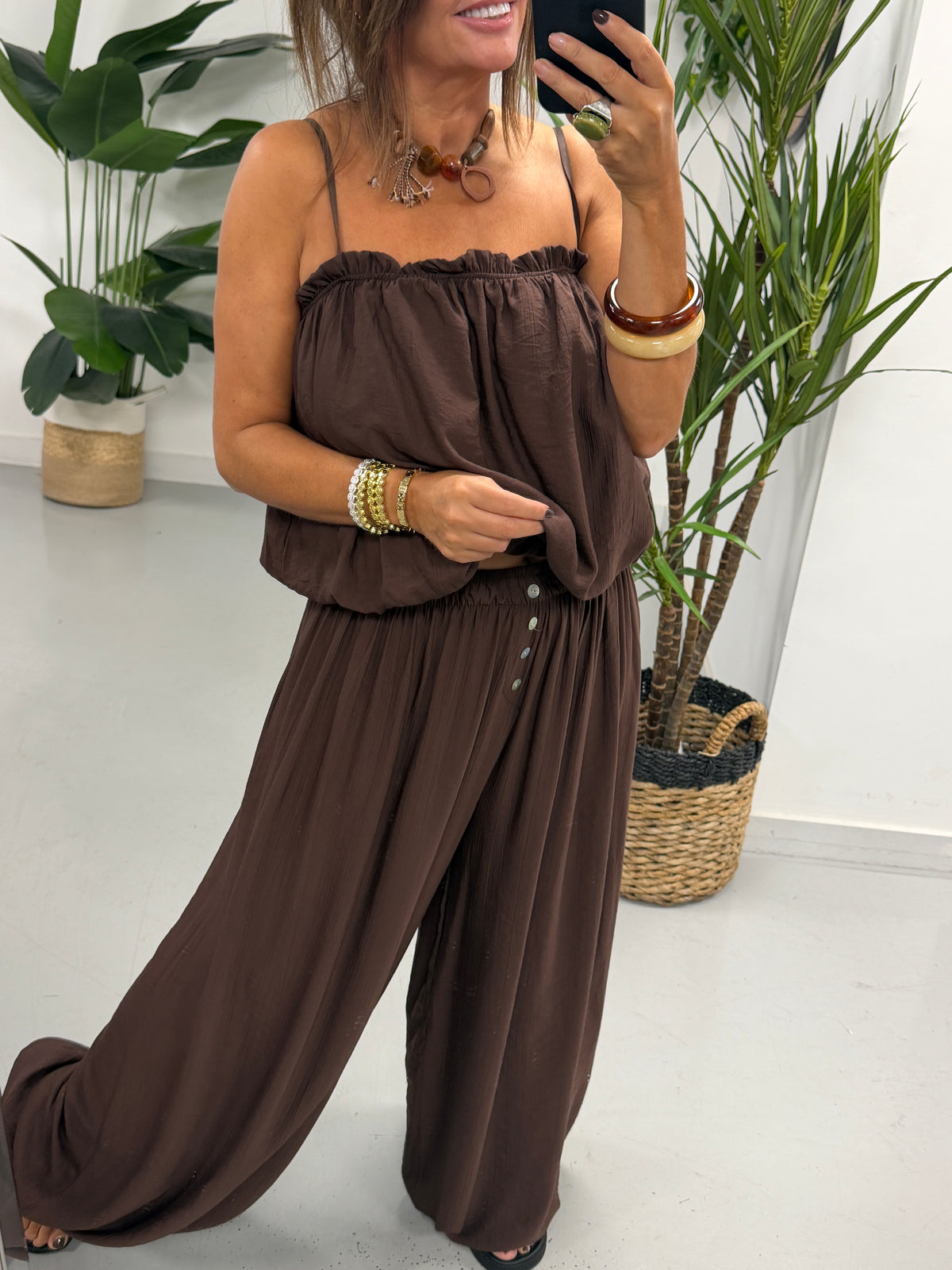 Button Crinkle Balloon Co Ord - Chocolate