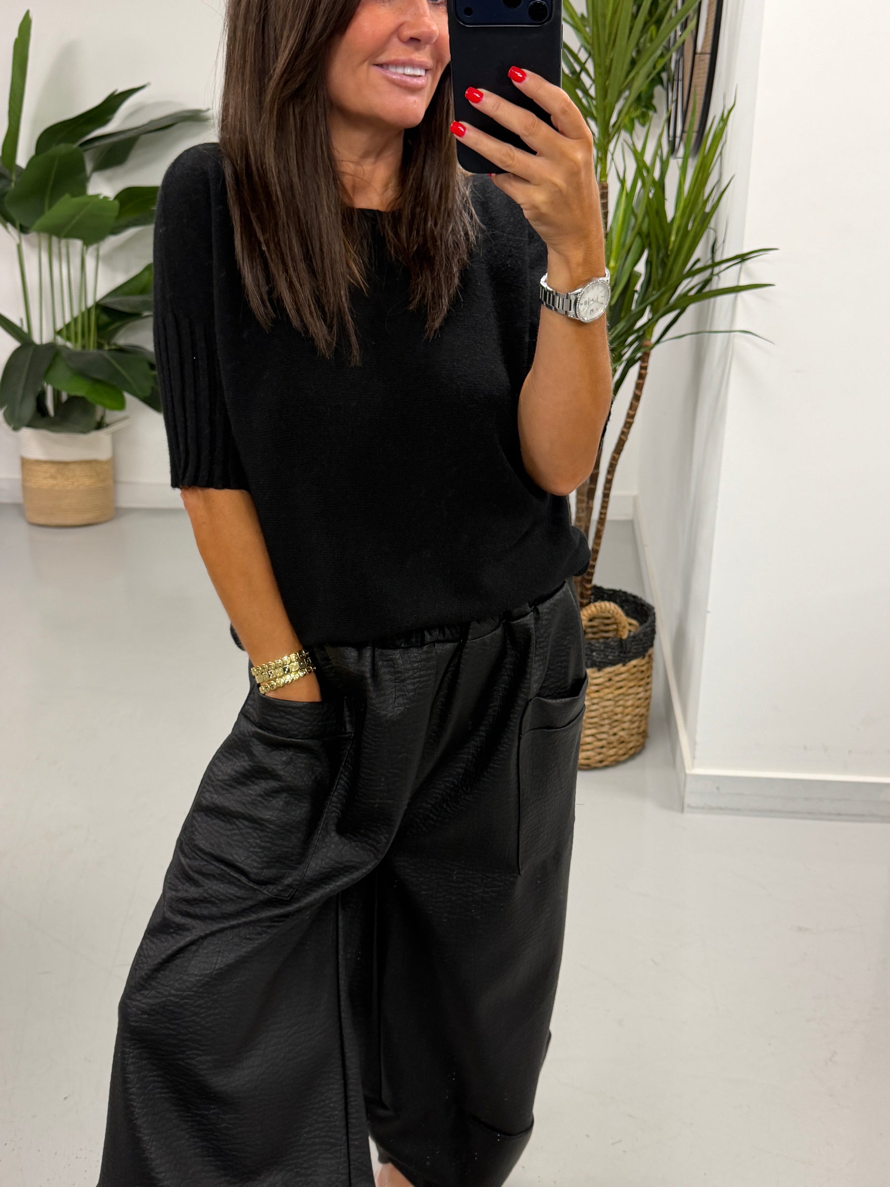 Crop Sleeve Boat Neck Knit - Black