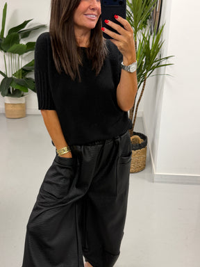 Crop Sleeve Boat Neck Knit - Black