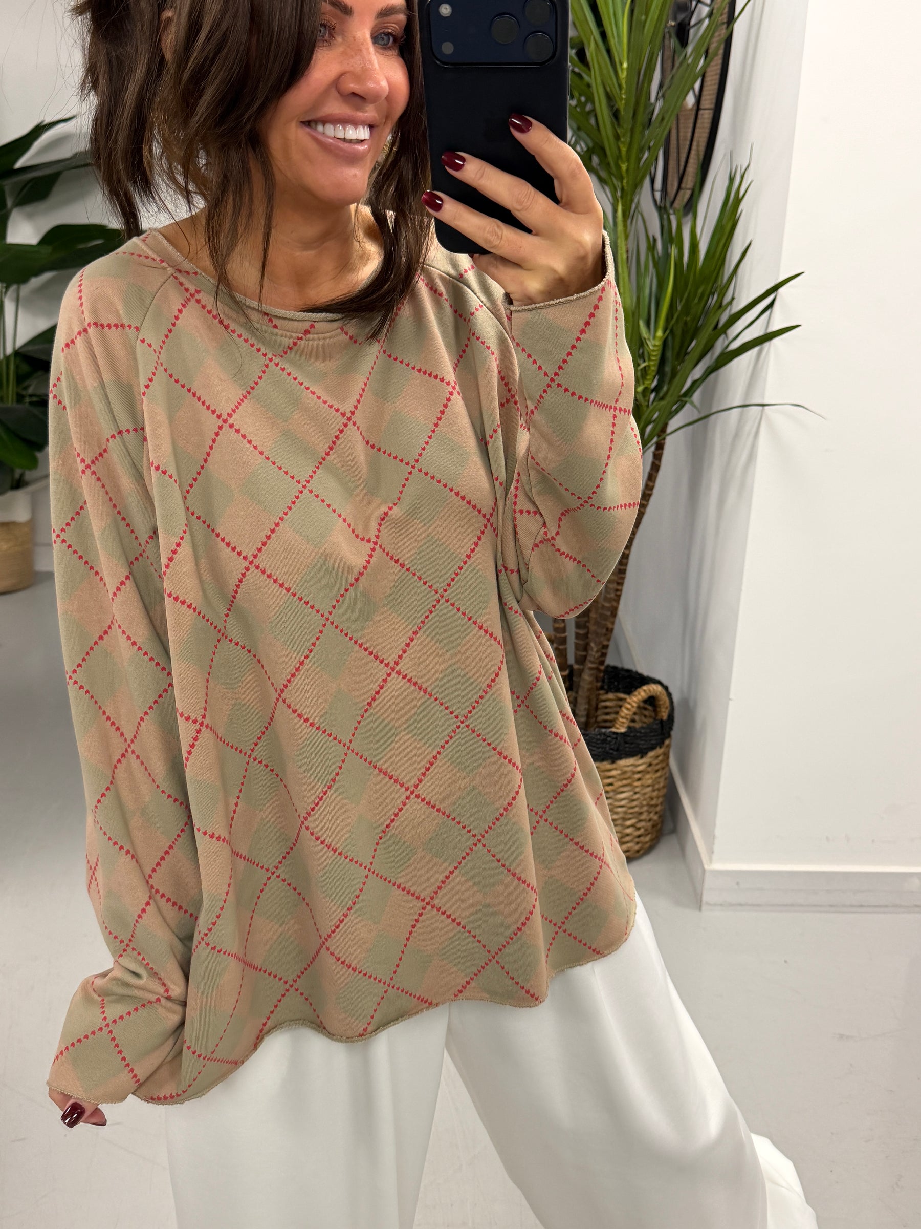 Argyle Boxy Sweat- Mocha/Green  (Size 12-16)
