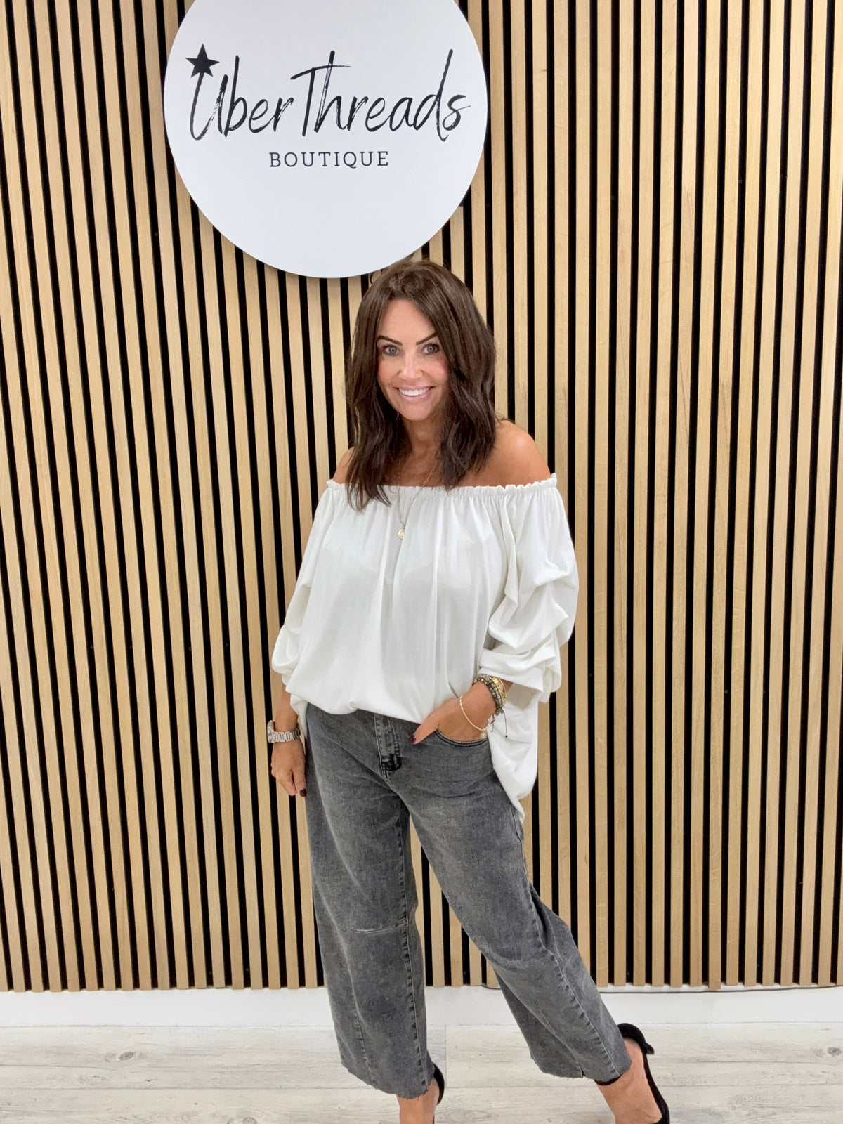 Palma Puff Sleeve Bardot Soft Knit - White