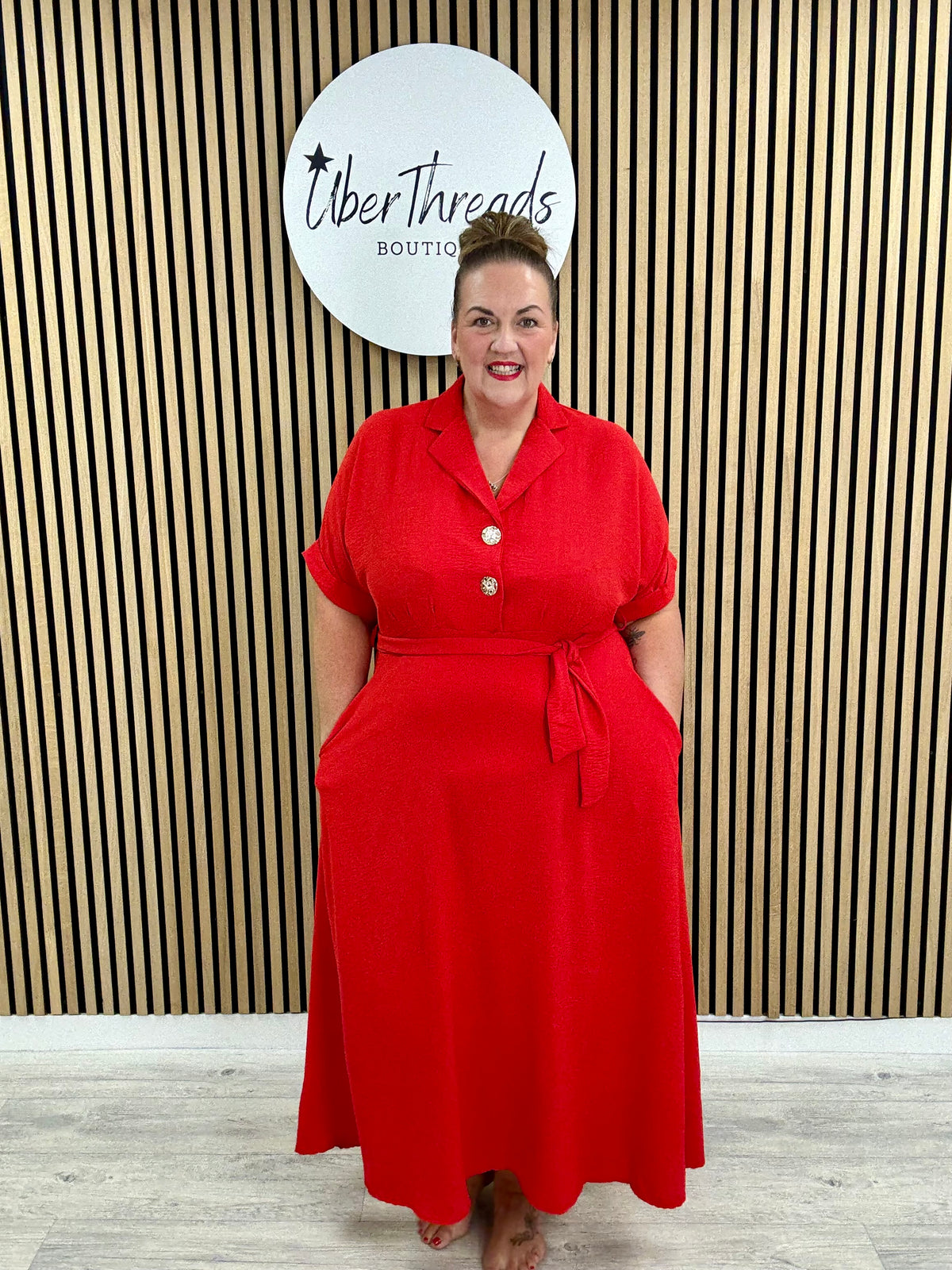 Chunky Button Belted Shirt Dress - Red