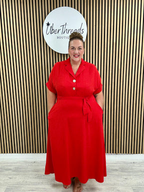 Chunky Button Belted Shirt Dress - Red
