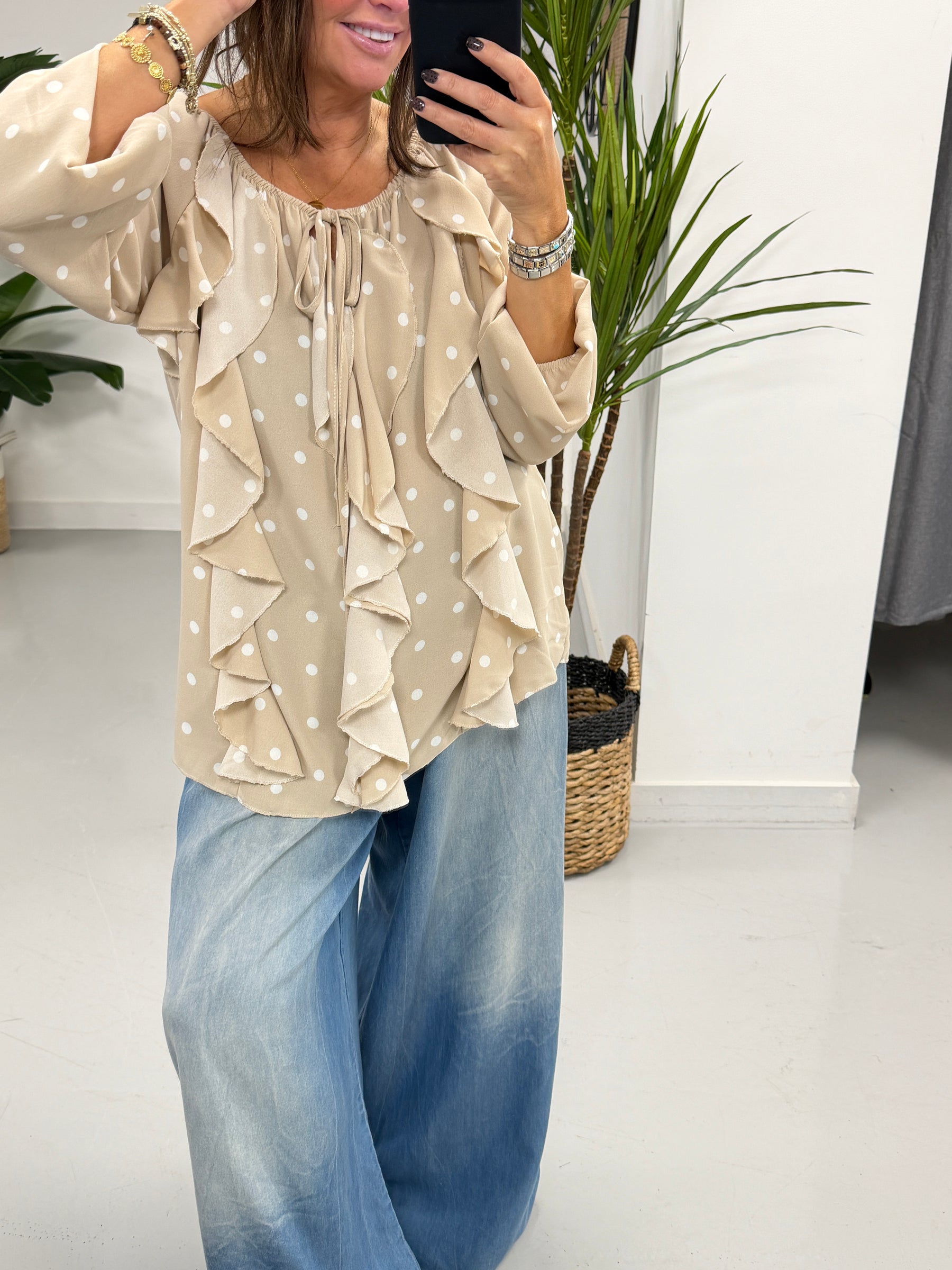 Dotty Waterfall Blouse - Stone