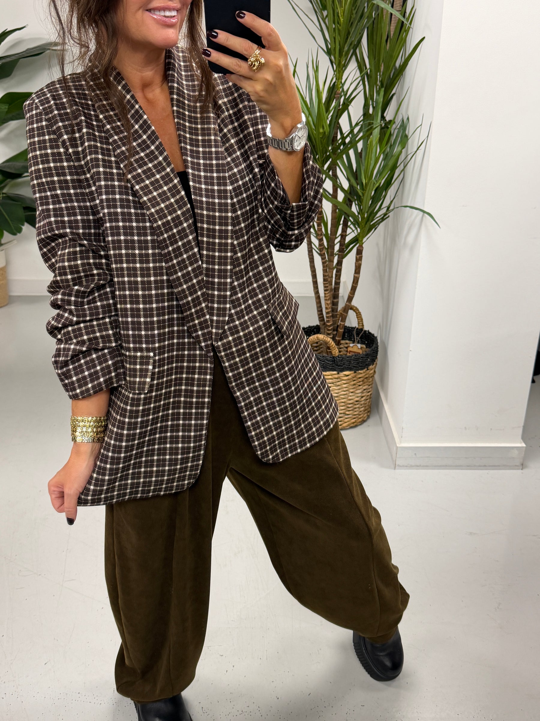 Plaid Ruched Sleeve Blazer - Chocolate Check  (Plus sizes)