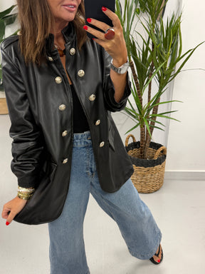 PU Military Ruched Sleeve Blazer - Black