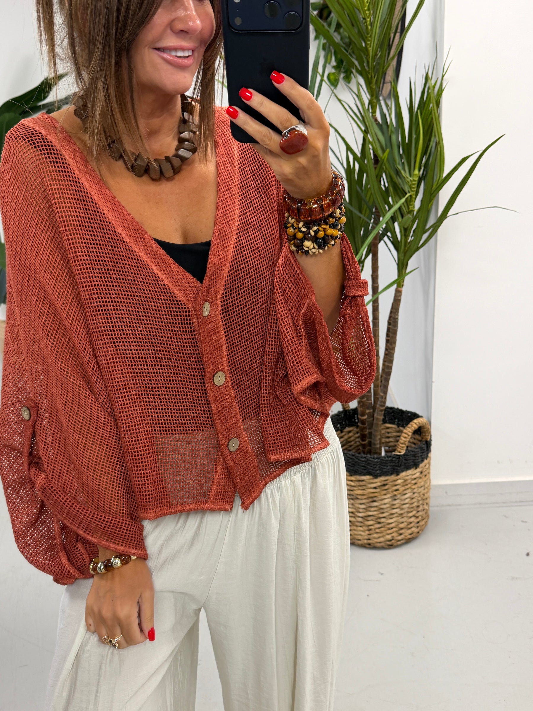 Mesh Button Cardigan - Rust