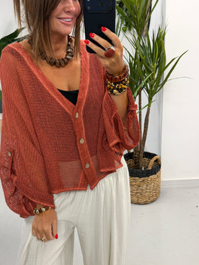 Mesh Button Cardigan - Rust
