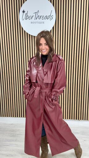 Chelsea PU Trench Coat - Burgandy