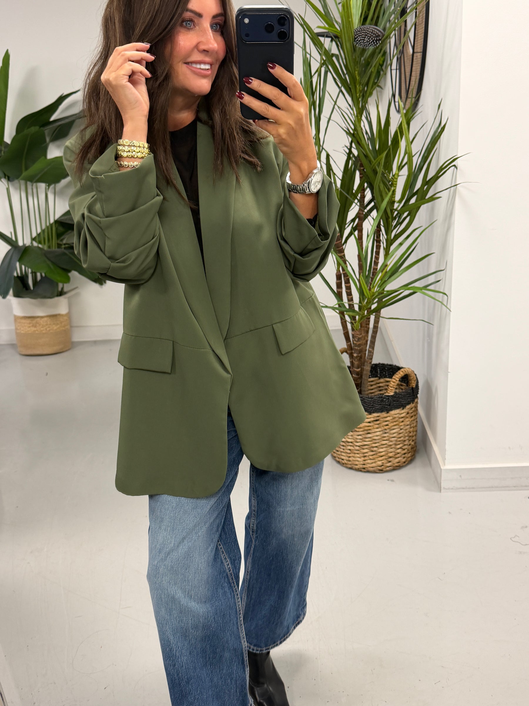 Ruched Sleeve Blazer - Khaki (Plus sizes)